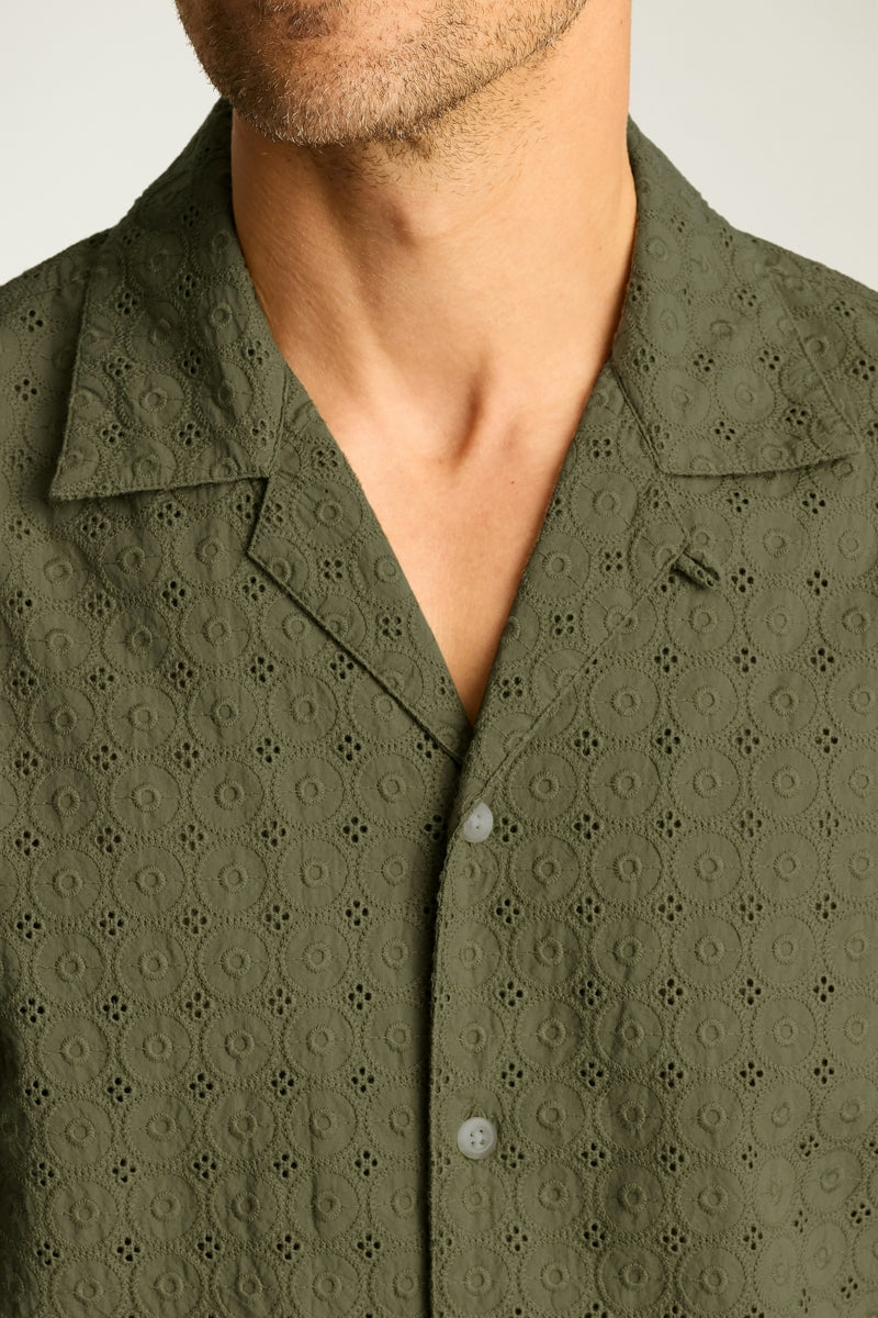 Wholesale,Bonobos, Bonobos Olive Green Circle Embroidered Eyelet Shirt, Green, Small-42-TagSMedium-45-TagMLarge-48-TagLExtra Large-50-TagXL