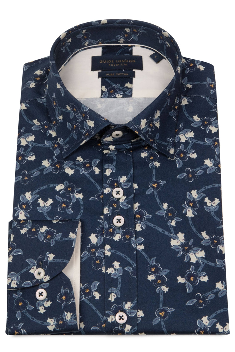 Faire,Guide London, Guide London Navy Floral Print Sateen Finish Shirt, Blue, Large-44-TagL