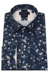 Guide London Navy Floral Print Sateen Finish Shirt