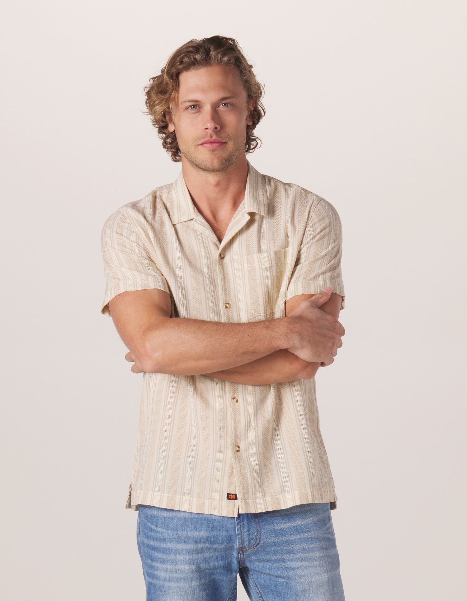 Wholesale,The Normal Brand, The Normal Brand Beige Stripe Puckered Texture Freshwater Camp Button Up Shirt, Tan, Large-47-TagL