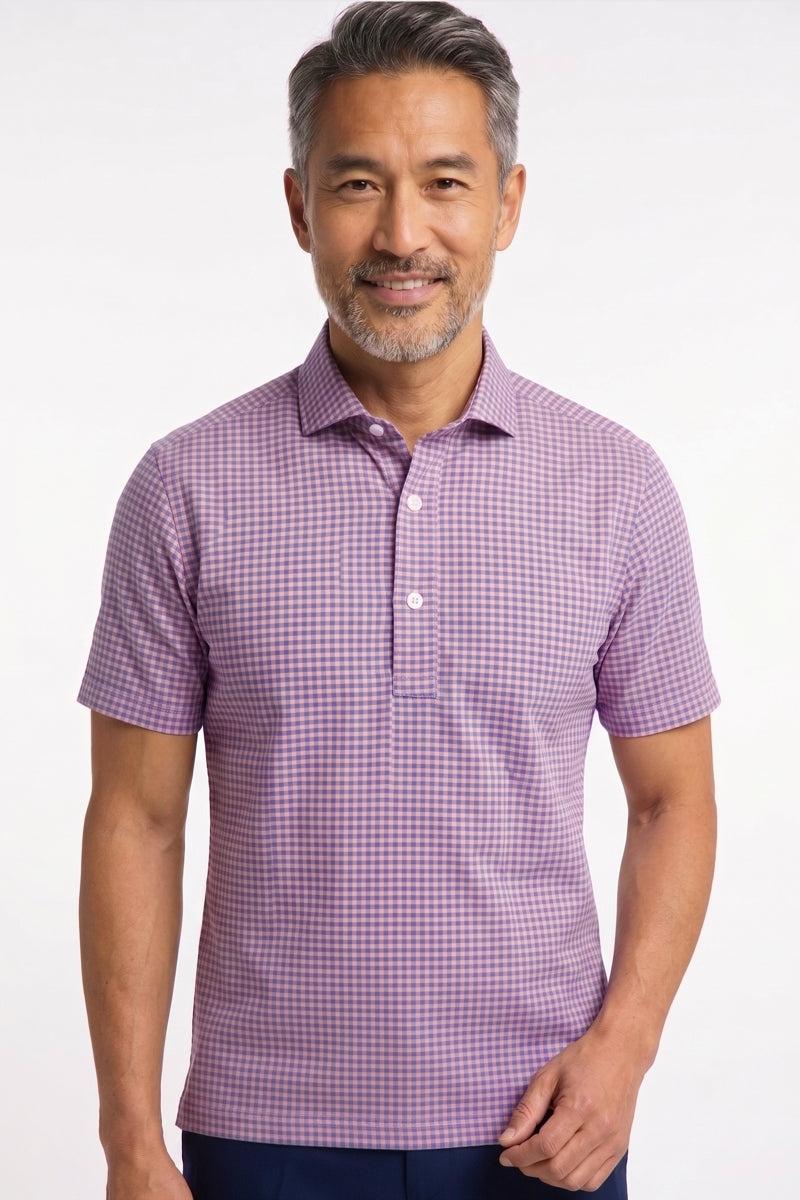 Wholesale,Brisk, Brisk Pink/Blue Gingham Checkered Performance Stretch Short Sleeve Polo, Pink, Large-46-TagL