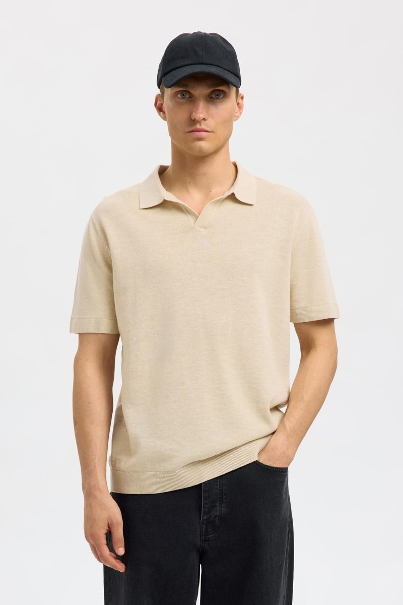 Wholesale,Selected Homme, Selected Homme Oatmeal Knitted Open V Polo, Tan, Large-44-TagLExtra Large-46-TagXLMedium-42-TagMSmall-40-TagS