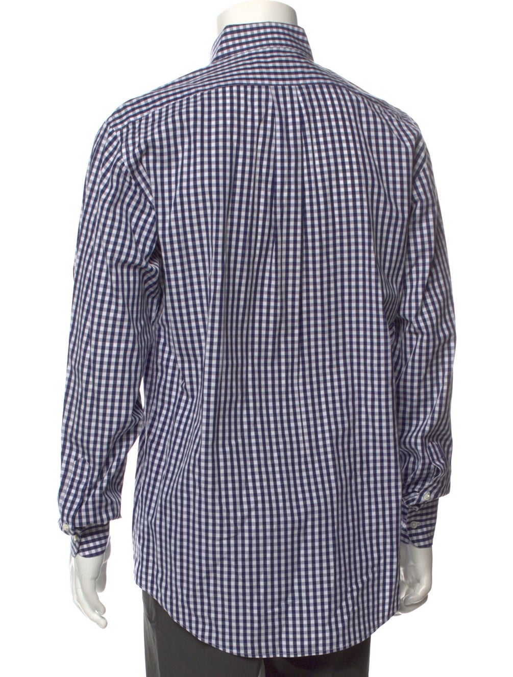 RealReal,Bergdorf Goodman, Bergdorf Goodman Navy/White Plaid Print Long Sleeve Dress Shirt with One-Button Rounded Cuffs, Blue, Medium-44-TagM