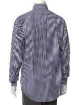 Bergdorf Goodman Navy/White Plaid Print Long Sleeve Dress Shirt with One-Button Rounded Cuffs