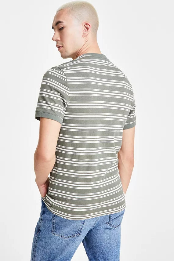 Other,Sun + Stone, Sun + Stone Green/White Striped Short Sleeve Henley, Green, Medium-41-TagM