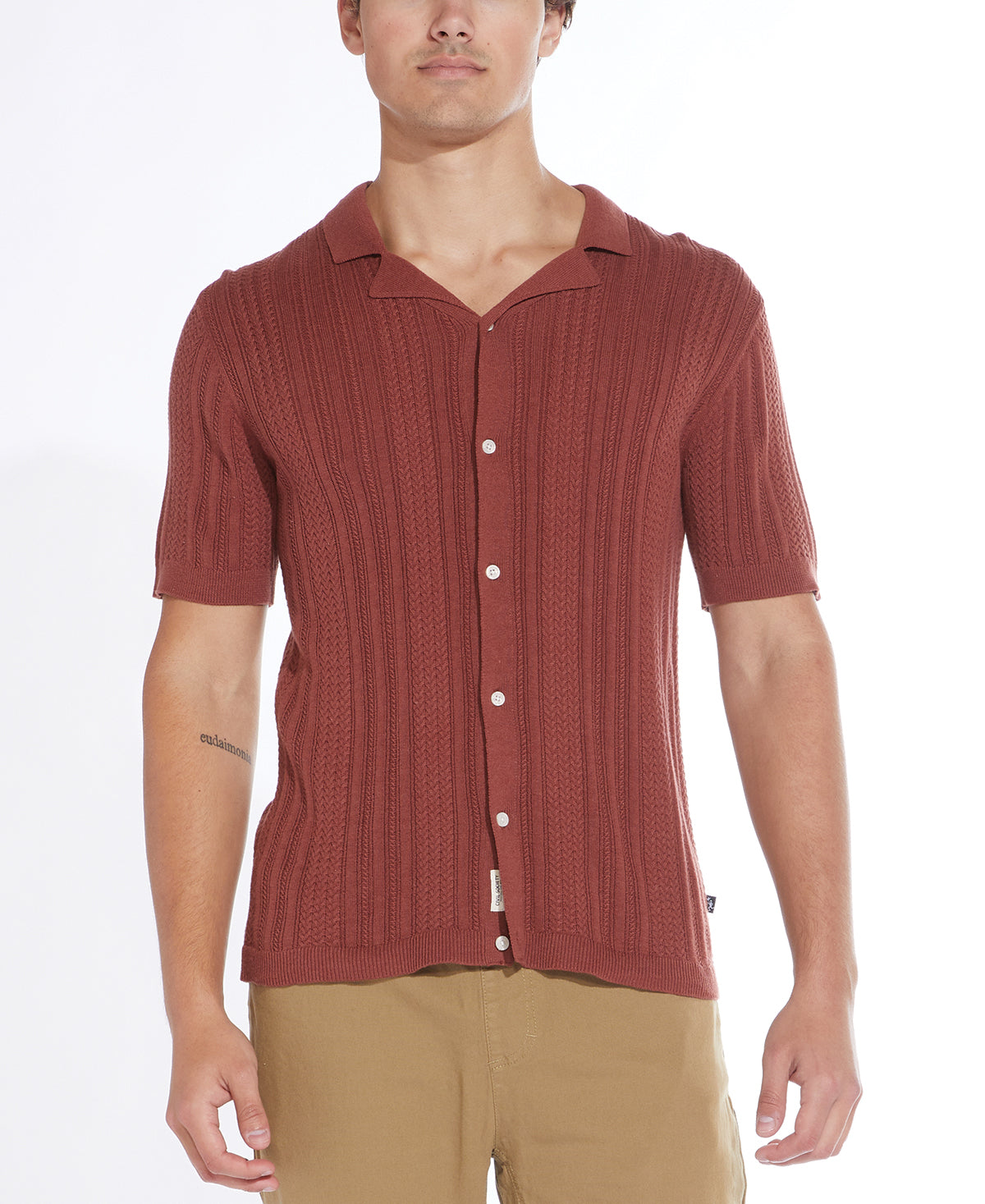 Wholesale,Civil Society, Civil Society Rust Cable Sweater Knit Short Sleeve Resort Shirt, Brown, Large-44-TagL
