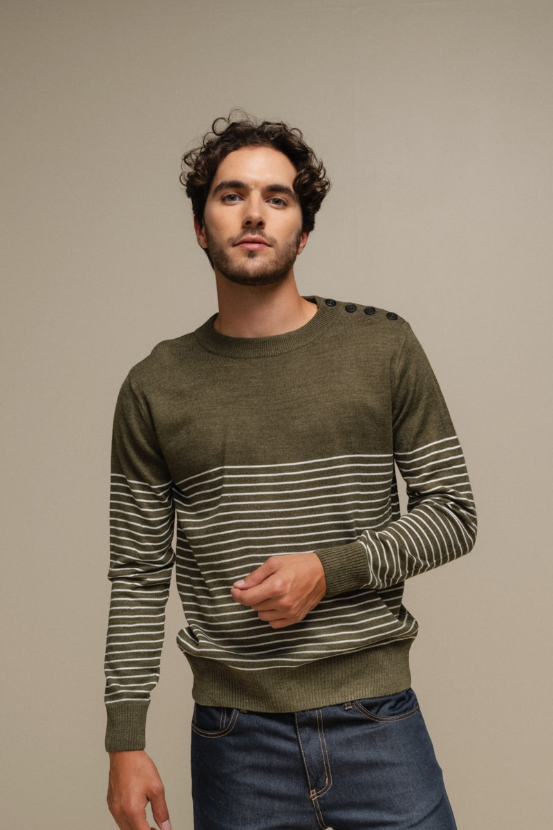 Faire,SMF, SMF Olive Striped Knit Sweater with Shoulder Button Detail, Green, Small-40-TagMMedium-42-TagLLarge-44-TagXLExtra Large-46-TagXXL