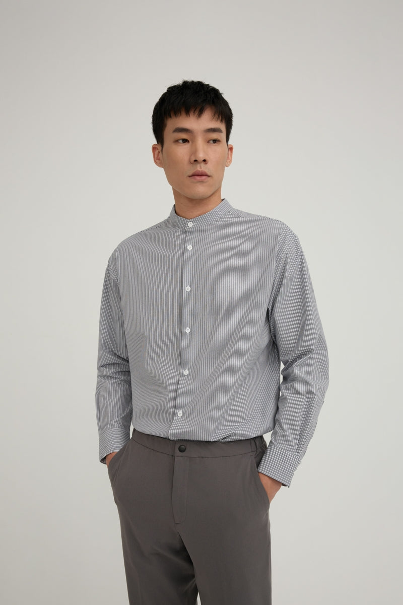 Direct From Brand,FYNE, FYNE Navy/White Stripe Stand Collar Moisture Absorption Shirt, Blue, Large-46-TagL