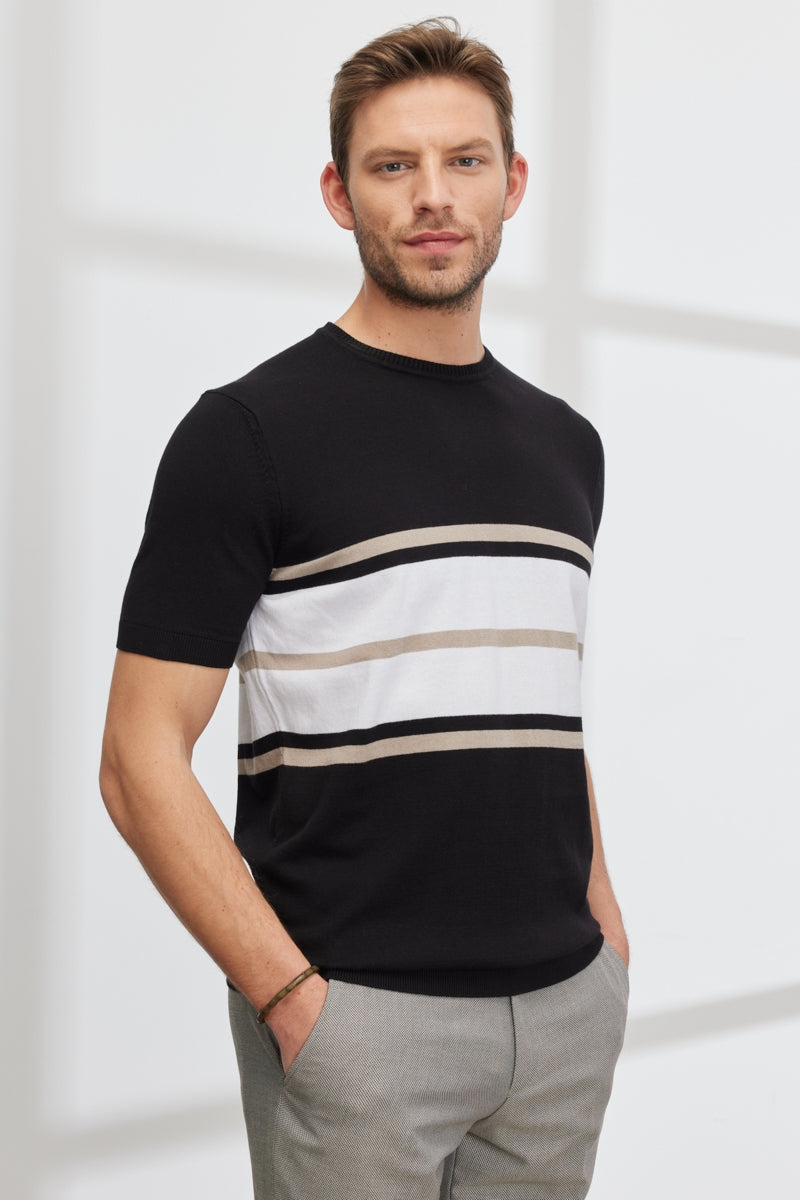 Wholesale,Altinyildiz Classics, Altinyildiz Classics Black with White/Tan Striped Knit T-Shirt, Black, Small-39-TagSMedium-41-TagM
