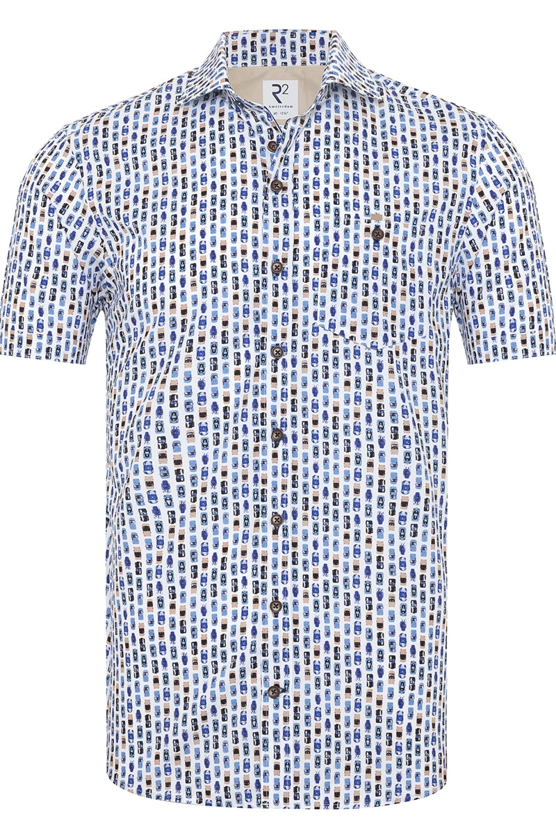 Direct From Brand,R2 Amsterdam, R2 Amsterdam Multicolor Car Print Short Sleeve Button Up Shirt, White, Medium-43-Tag40