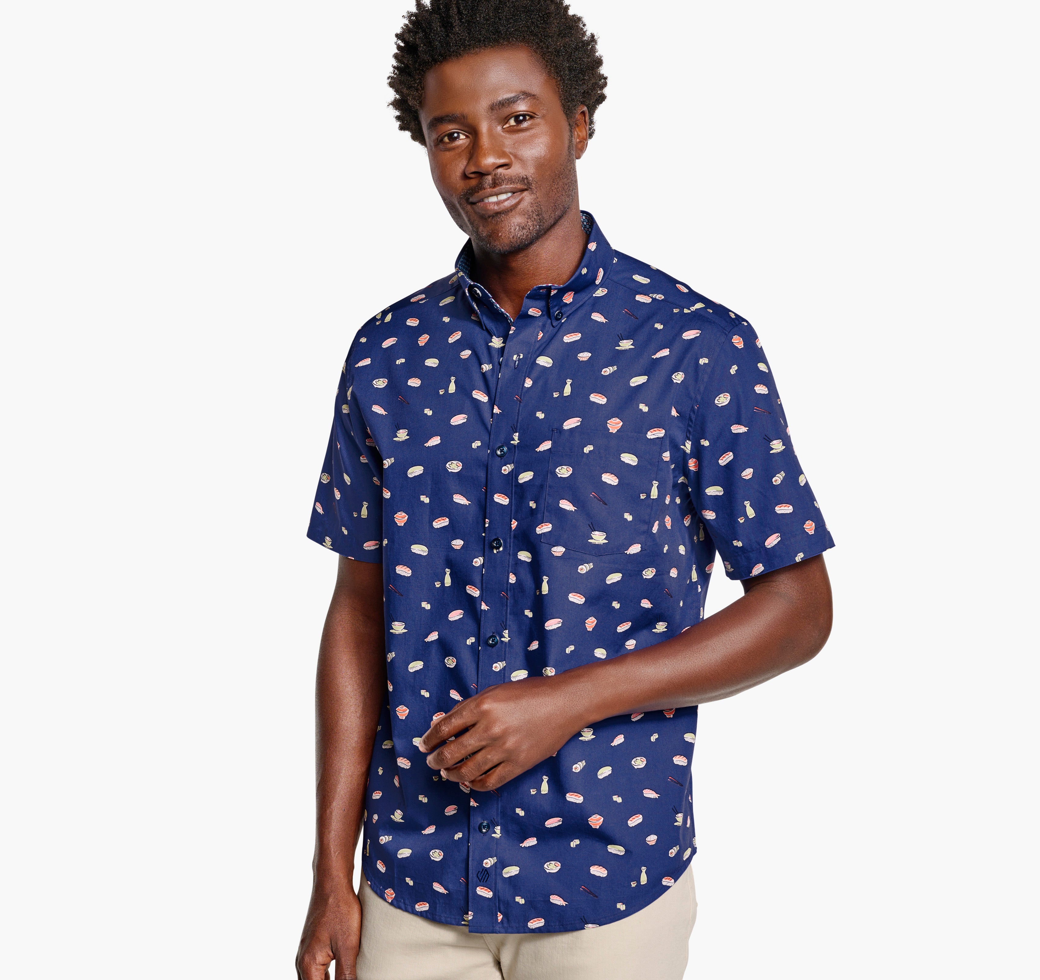 Wholesale,Johnston & Murphy, Johnston & Murphy Navy Sushi Print Cotton Short Sleeve Shirt with Contrast Facing, Blue, Small-42-TagSMedium-45-TagMLarge-47-TagLLarge-48-TagLExtra Large-51-TagXLExtra Extra Large-54-TagXXL