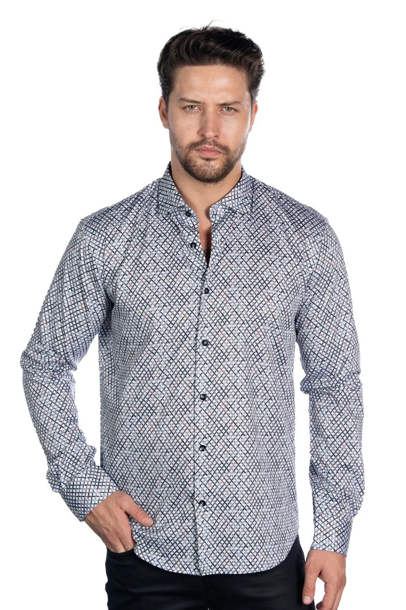 Wholesale,Mizumi, Mizumi Grey with White Multi Geo Print Shirt, Grey, Medium-43-TagMLarge-45-TagLExtra Large-47-TagXLExtra Extra Large-52-Tag3XLExtra Extra Large-50-TagXXL