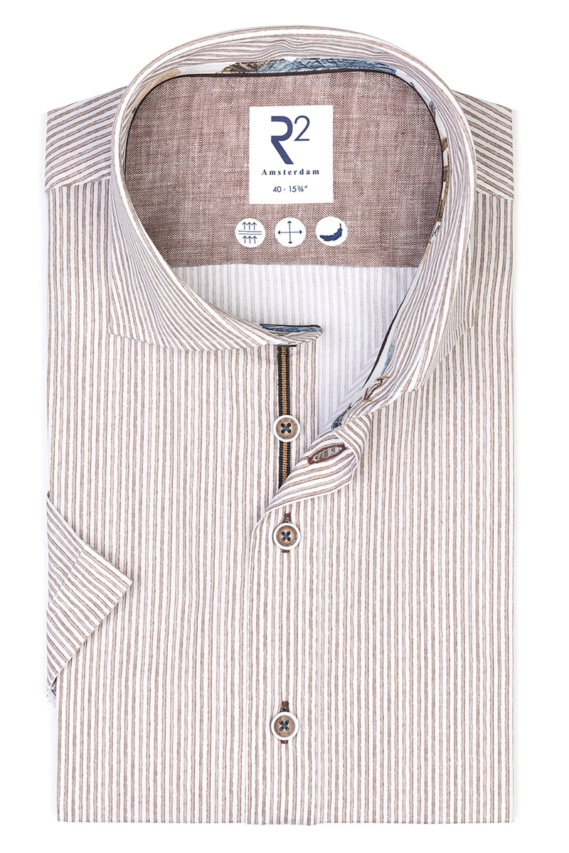 Direct From Brand,R2 Amsterdam, R2 Amsterdam Brown/White Stripped Stretch Short Sleeve Button Up Shirt, Brown, Large-44-Tag41