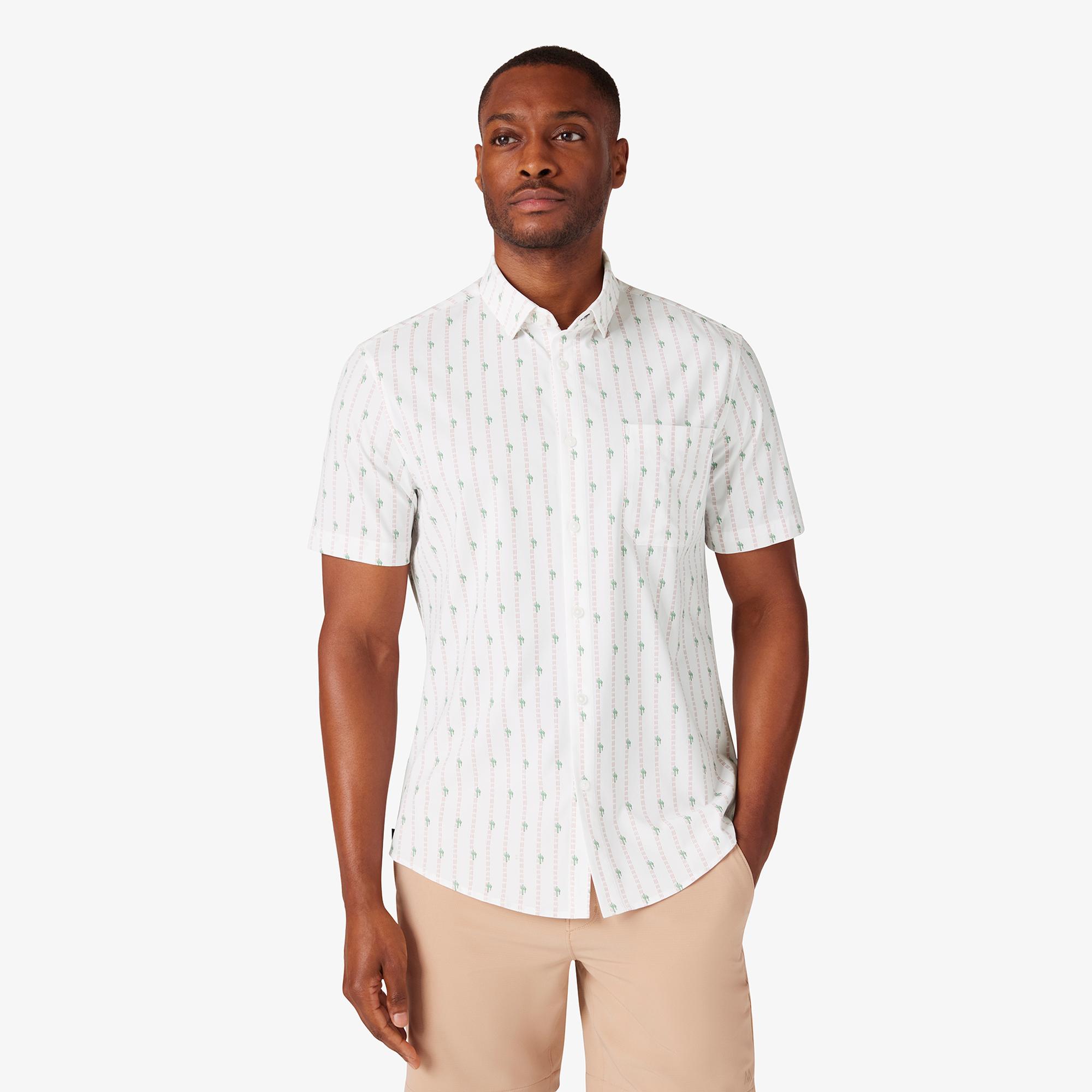 Wholesale,Mizzen + Main, Mizzen + Main White Cactus Stripe Trim No Tuck Four-way Stretch Shirt, White, Small-40-TagS