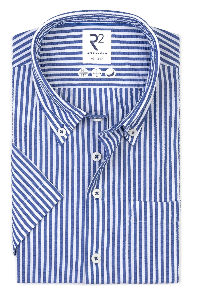 Direct From Brand,R2 Amsterdam, R2 Amsterdam Blue/White Striped Seersucker Shirt, Blue, Medium-44-Tag41Large-46-Tag42Medium-42-Tag39