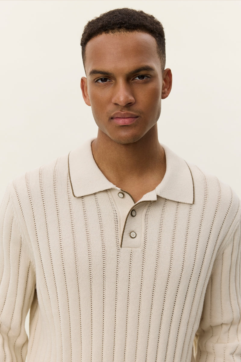 Wholesale,Les Deux, Les Deux Ivory Knit Stripe Textured Polo, Cream, Small-48-TagS