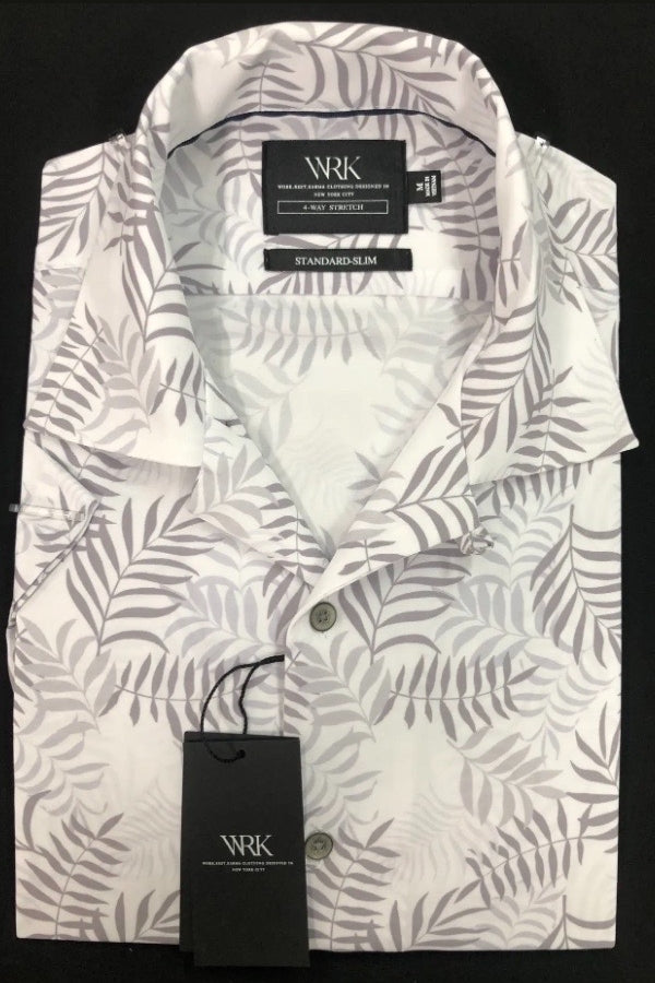 Faire,W.R.K., W.R.K Grey Tropical Print Camp Collar Performance Short Sleeve Shirt, Grey, Small-40-TagS