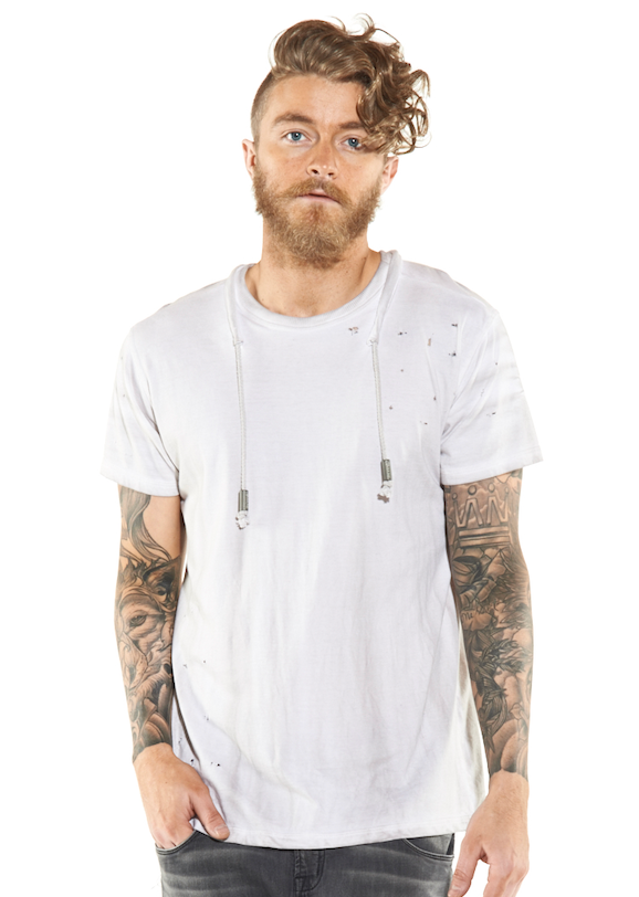 Wholesale,Reese De Luca, Reese De Luca Dirty White Jersey T-Shirt with Drawstring Neck, White, Medium-42-TagM