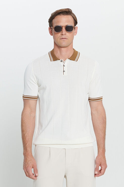 Wholesale,Altinyildiz Classics, Altinyildiz Classics Beige with Tan Contrast Jacquard Knit Polo, Tan, Medium-40-TagM