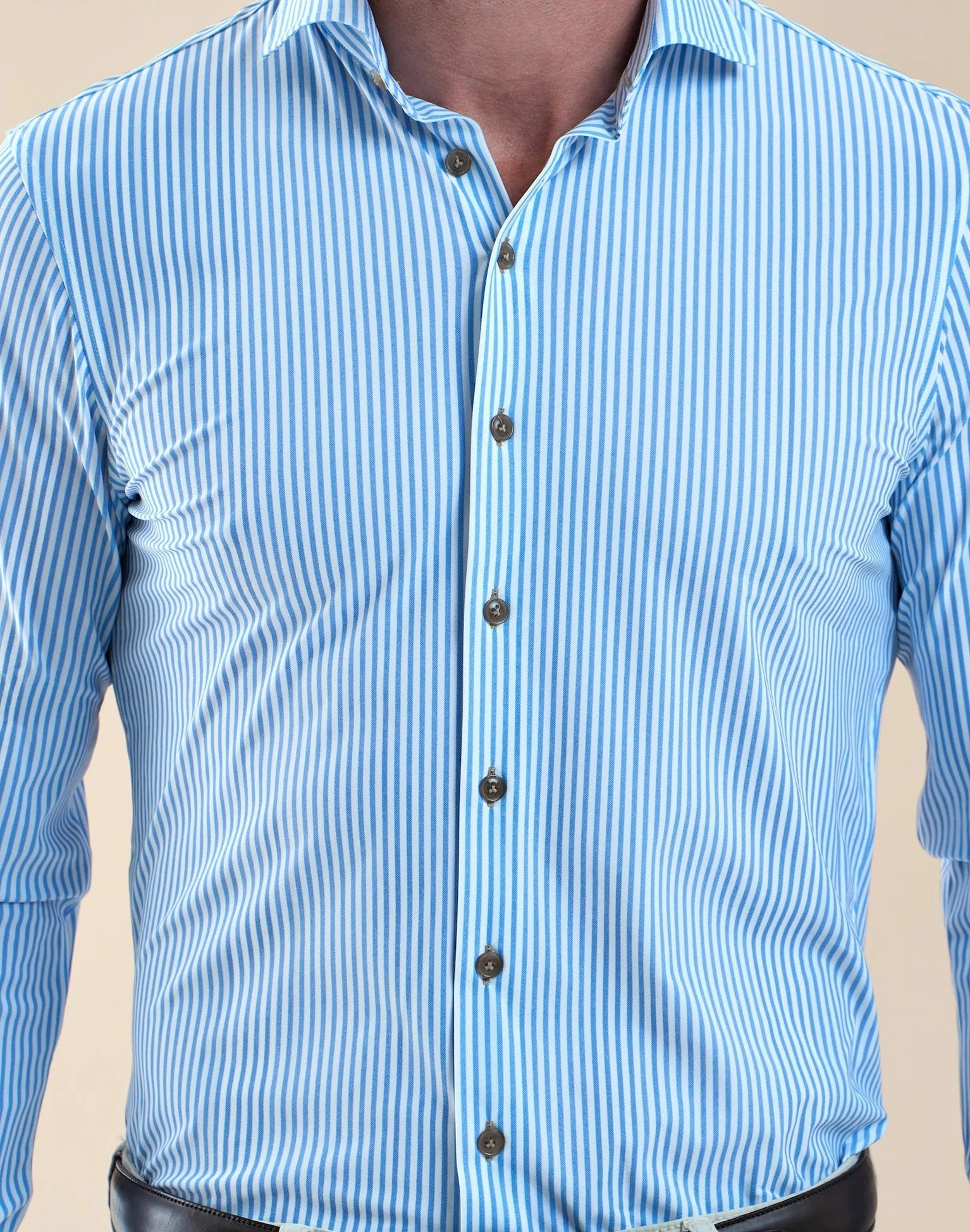 Brand Partner,R2 Amsterdam, R2 Amsterdam Blue Striped Knitted 4-way stretch Shirt, Blue, Medium-43-Tag42Extra Large-47-Tag45