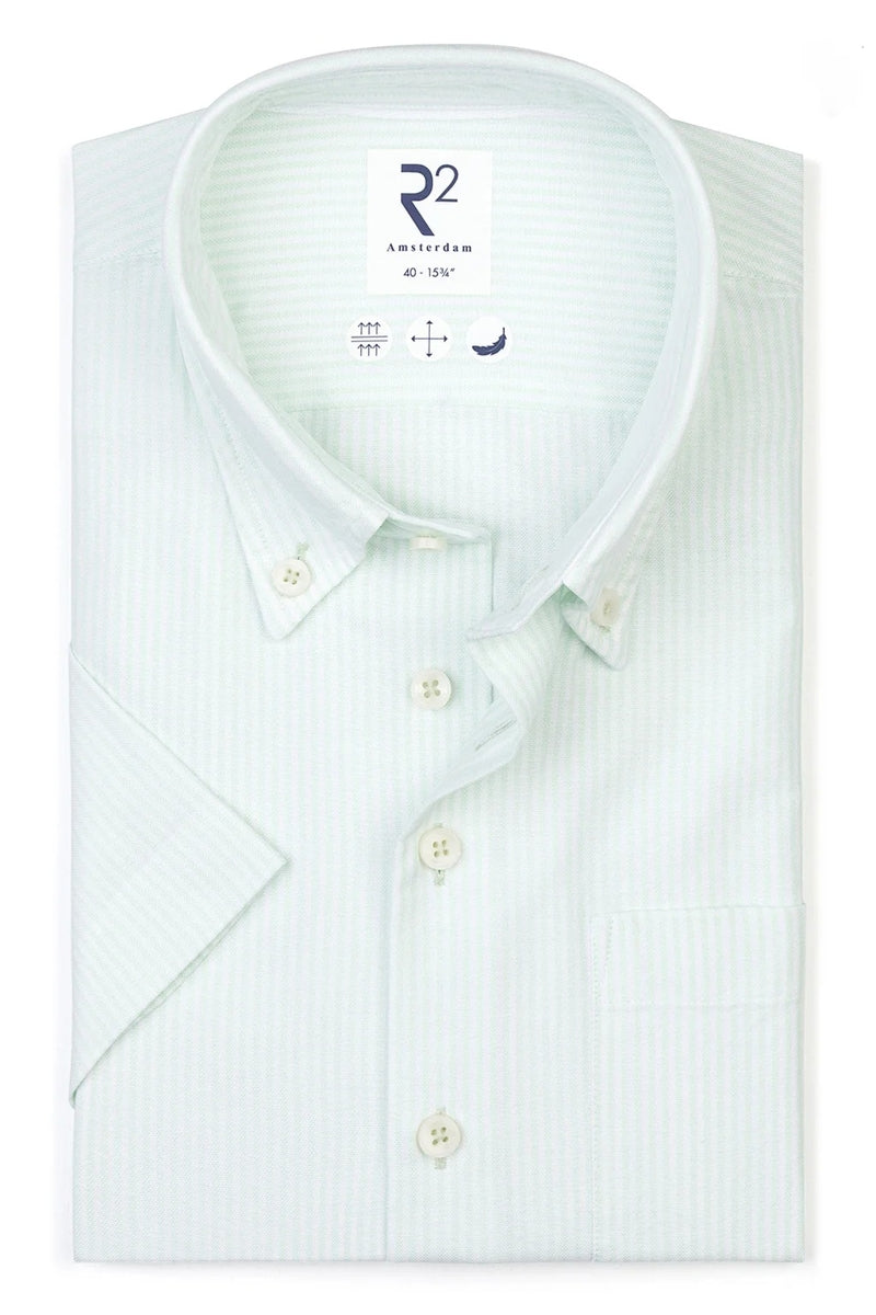 Direct From Brand,R2 Amsterdam, R2 Amsterdam Light Green/White Striped Poplin Shirt, Green, Medium-43-Tag40Medium-44-Tag41Large-46-Tag42Large-47-Tag42Medium-42-Tag39