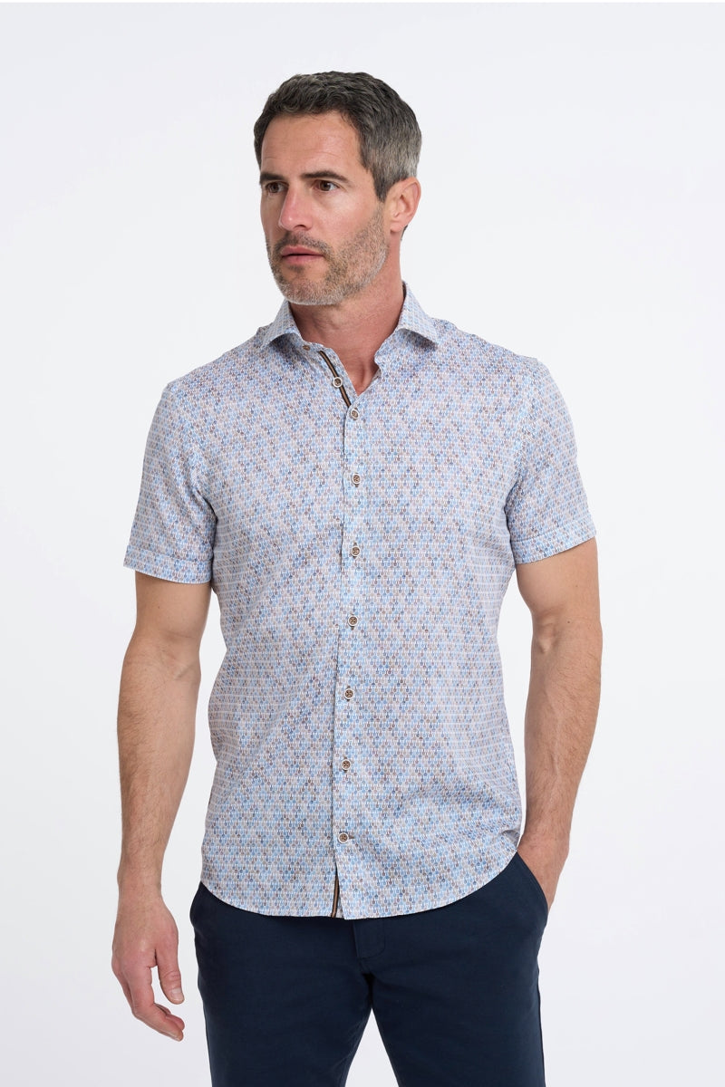 Direct From Brand,R2 Amsterdam, R2 Amsterdam Blue Multi Car Cylinder Print Poplin Shirt, Blue, Extra Large-48-Tag43