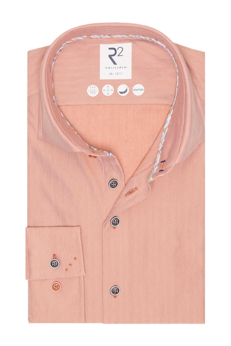 Direct From Brand,R2 Amsterdam, R2 Amsterdam Orange Herringbone Knitted Shirt, Orange, Medium-43-Tag40