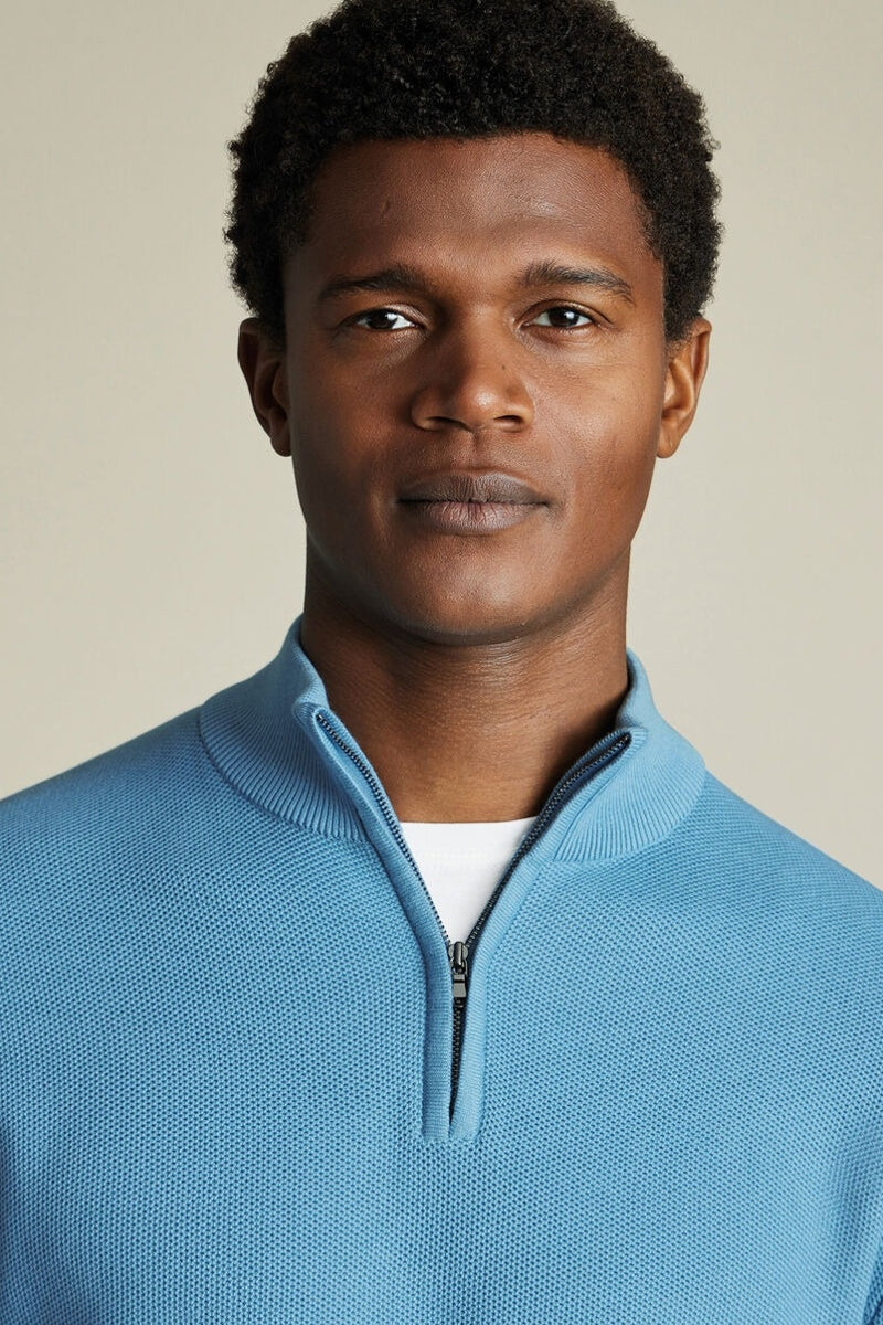 Wholesale,Charles Tyrwhitt, Charles Tyrwhitt Ocean Blue Honeycomb Textured Qtr Zip, Blue, Large-45-TagLExtra Large-48-TagXLExtra Extra Large-51-TagXXL