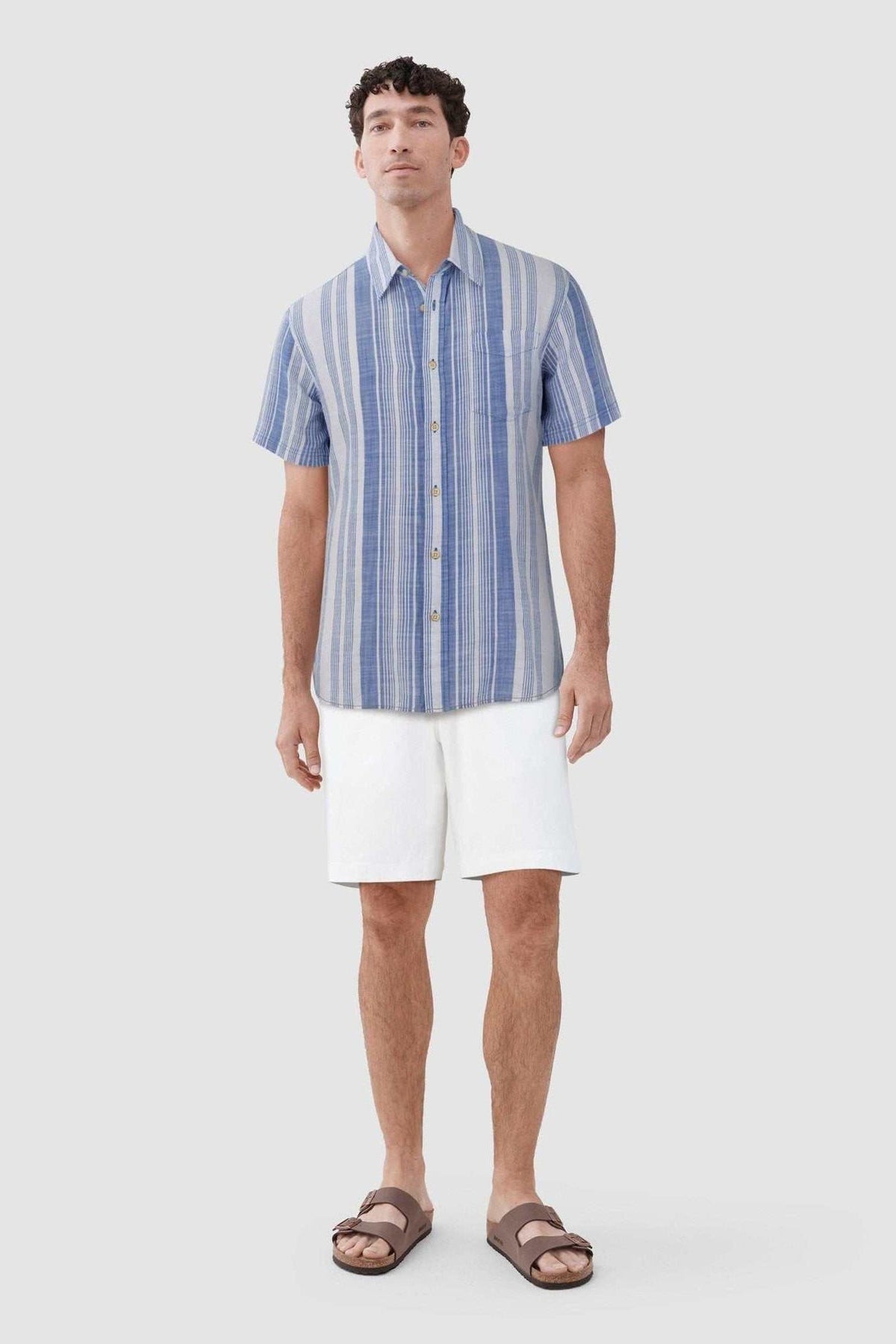 Faire,Surfside Supply, Surfside Supply Multi Blue Vertical Stripe Airy Short Sleeve Button Up Shirt, Blue, Extra Extra Large-51-TagXXL