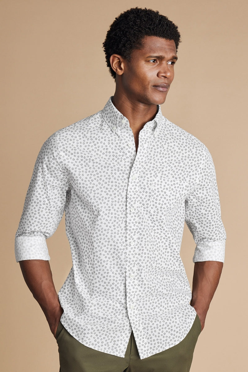 Wholesale,Charles Tyrwhitt, Charles Tyrwhitt White with Black Floral Geo Stretch Shirt, White, Small-39-TagSMedium-42-TagMLarge-45-TagLExtra Large-48-TagXL