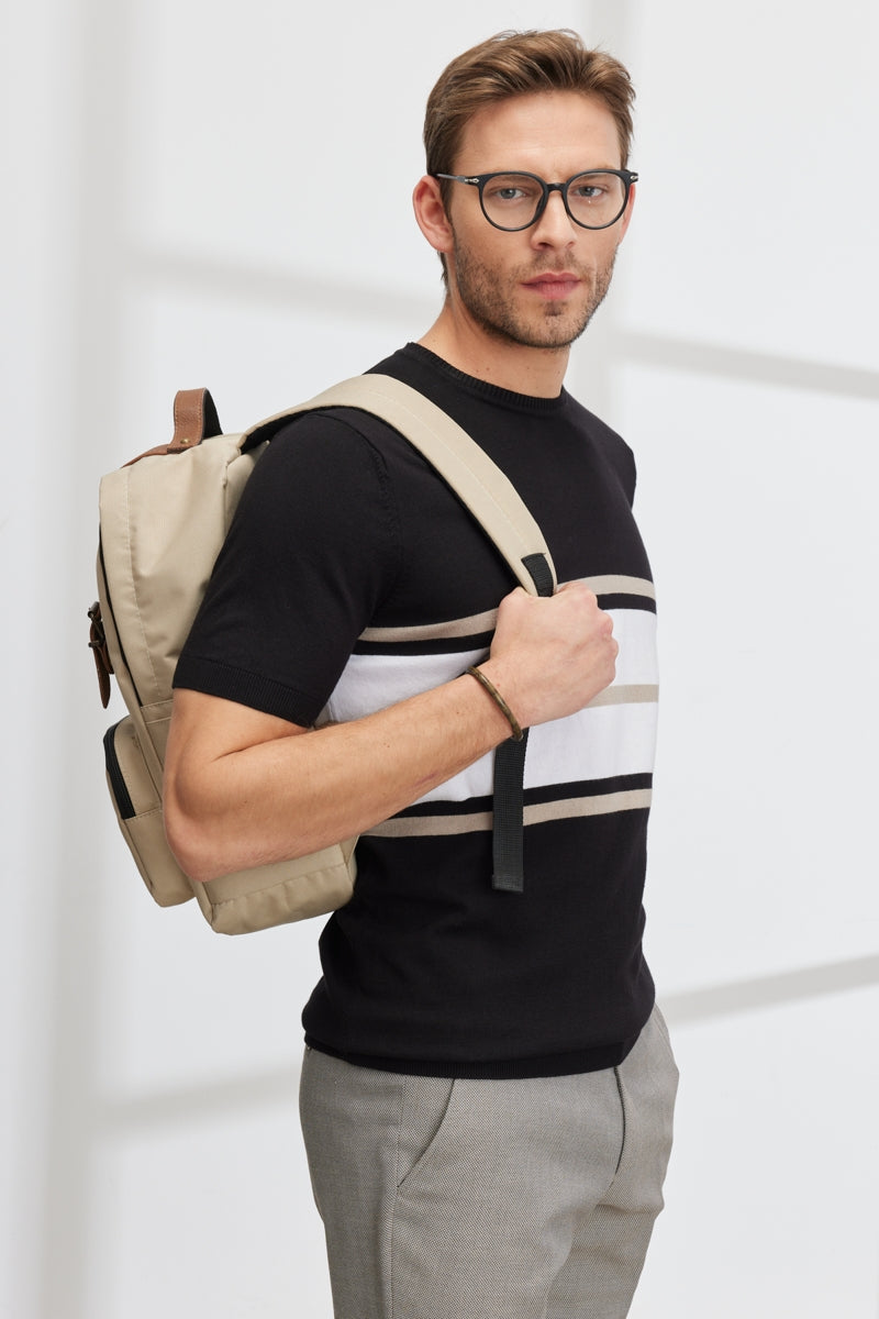 Wholesale,Altinyildiz Classics, Altinyildiz Classics Black with White/Tan Striped Knit T-Shirt, Black, Small-39-TagS