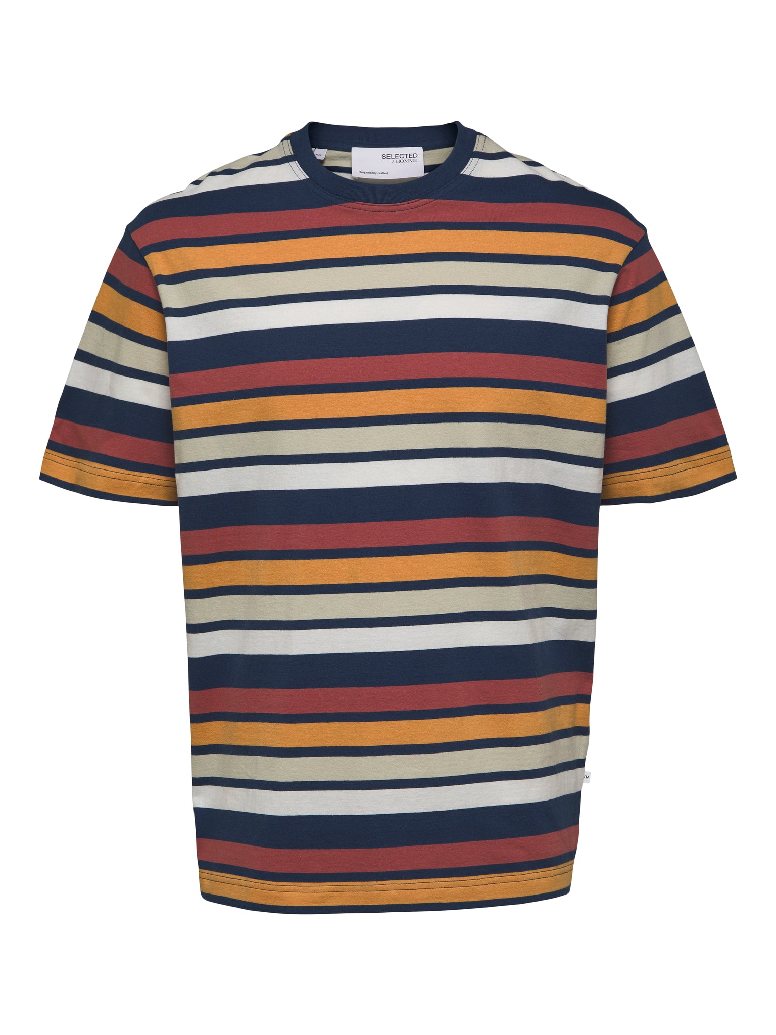 Wholesale,Selected Homme, Selected Homme Navy Multi-colored Horizontal Retro Stripe Tshirt, Blue, Large-44-TagL