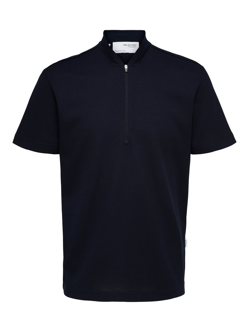 Selected Homme Navy Ribbed Collarless Zip Shortsleeve Polo