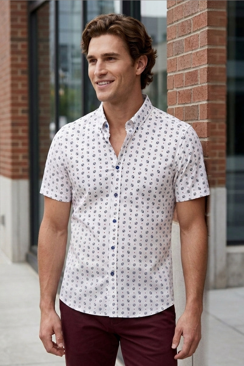 Wholesale,Paisley & Gray, Paisley & Gray White Fleur De Lis Print Short Sleeve Shirt, White, Small-38-TagSSmall-39-TagMSmall-40-TagMMedium-43-TagLExtra Large-49-TagXXLLarge-46-TagXL