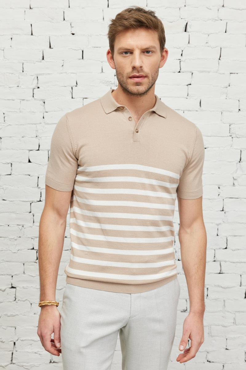 Wholesale,Altinyildiz Classics, Altinyildiz Classics Taupe with White Striped Knit Polo, Tan, Large-43-TagL