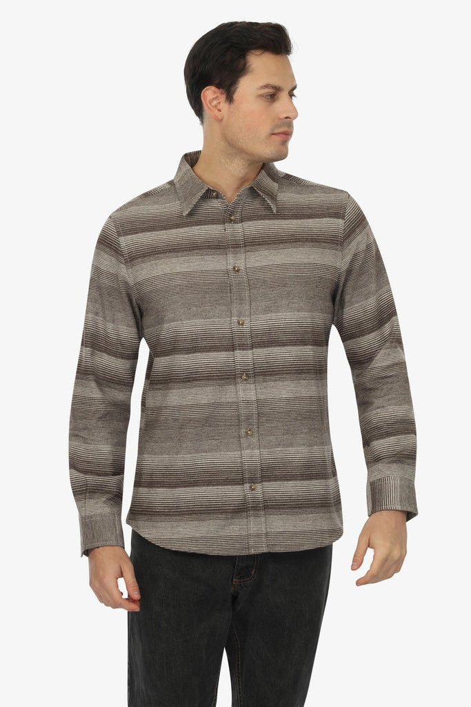 Wholesale,Vustra, Vustra Brown/Tan Flannel Shasta Stripe Organic Cotton Shirt, Brown, Medium-42-TagMLarge-44-TagLSmall-40-TagS