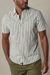 The Normal Brand White/Olive Stripped Short Sleeve Button Up Shirt