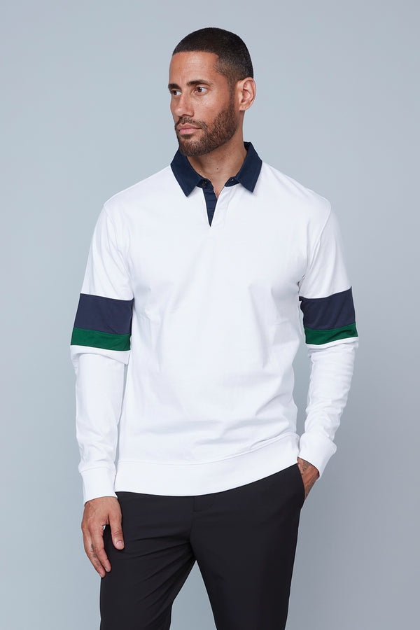 HEDGE White Knit Polo with Navy Contrast