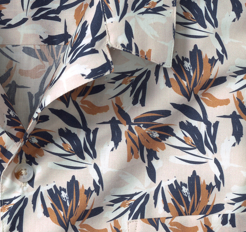 Johnston & Murphy Tan Foliage Print Cotton/Modal Blend Short Sleeve Camp Shirt