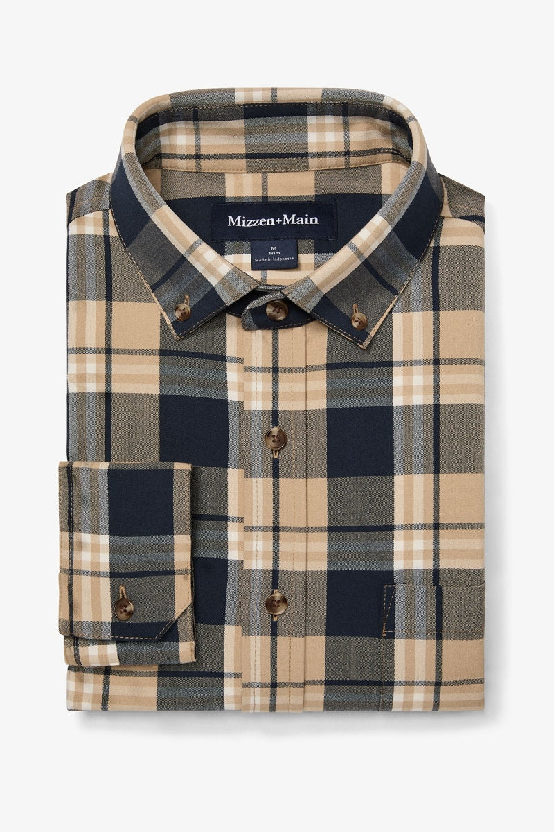 Wholesale,Mizzen + Main, Mizzen + Main Khaki/Navy Plaid Trim Flannel Shirt, Tan, Medium-42-TagMLarge-46-TagLExtra Large-48-TagXL