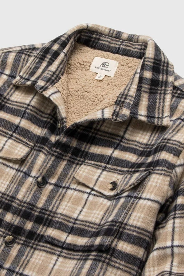 Wholesale,Surfside Supply, Surfside Supply Tan/Black Brushed Plaid Sherpa Lined Shacket, Tan, Medium-46-TagMSmall-44-TagSLarge-48-TagLExtra Large-50-TagXL
