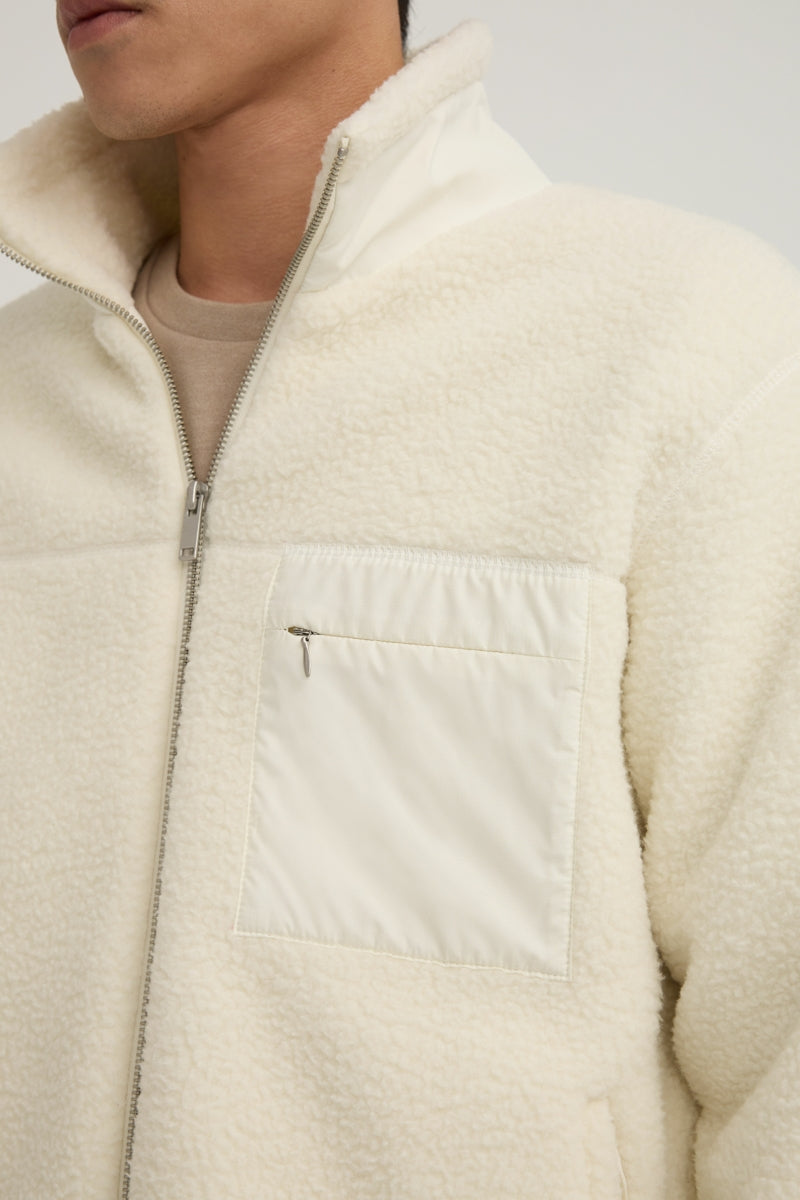 Direct From Brand,FYNE, FYNE Off-White Fuzzy Stand Collar Fleece Jacket, White, Large-48-TagL