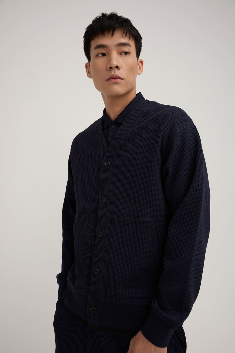 Direct From Brand,FYNE, FYNE Navy Knit Waffle Weave Cardigan, Blue, Large-46-TagL