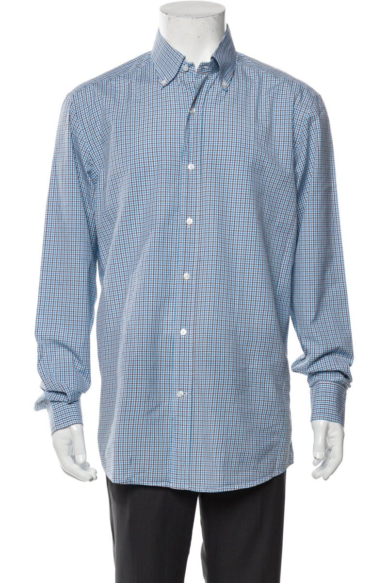 RealReal,Bergdorf Goodman, Bergdorf Goodman Blue/Brown Plaid Button-down Shirt, Blue, Large-46-TagL