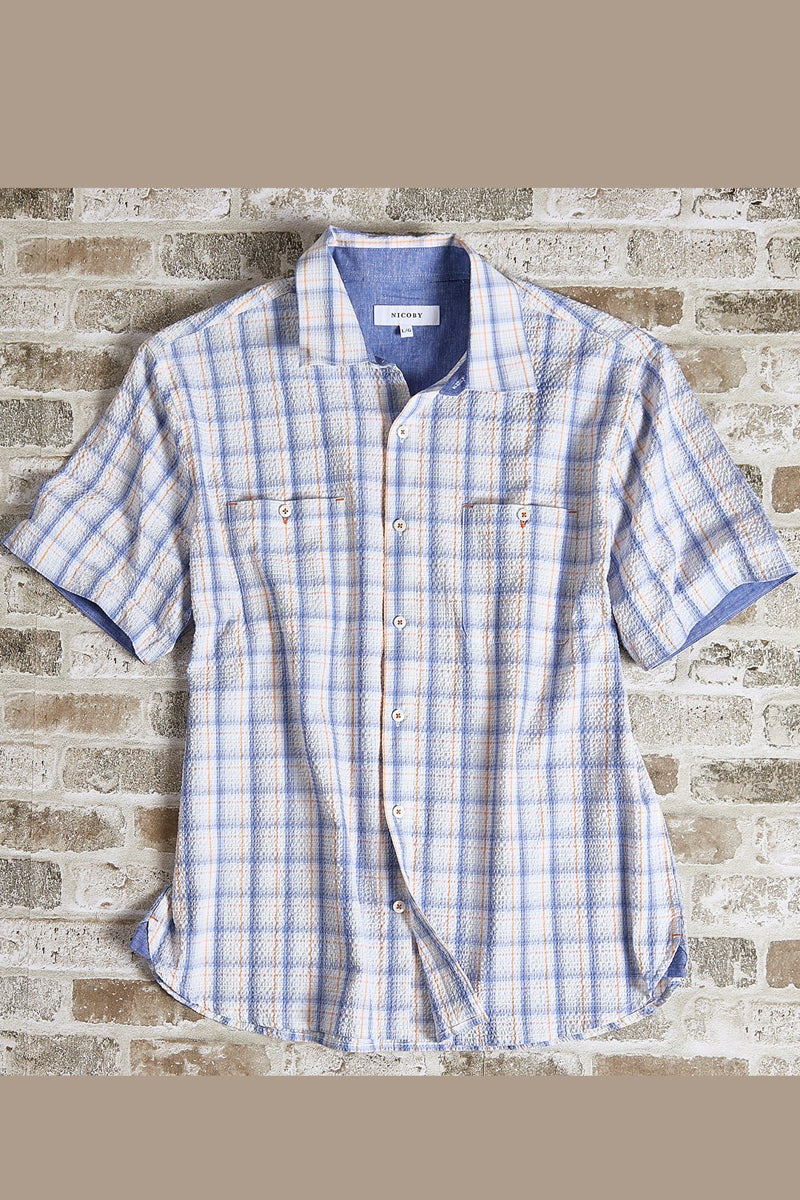 Wholesale,Nicoby Age of Wisdom, Nicoby Age of Wisdom Blue/Orange Plaid Seersucker Shirt, Blue, Large-47-TagL