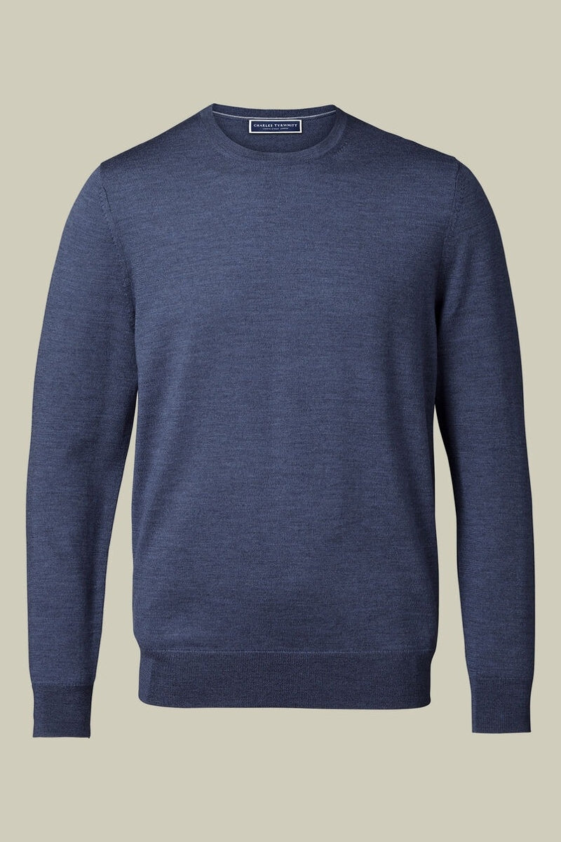 Wholesale,Charles Tyrwhitt, Charles Tyrwhitt Indigo Melange Merino Wool Crewneck Sweater, Blue, Small-39-TagSMedium-42-TagMLarge-45-TagL