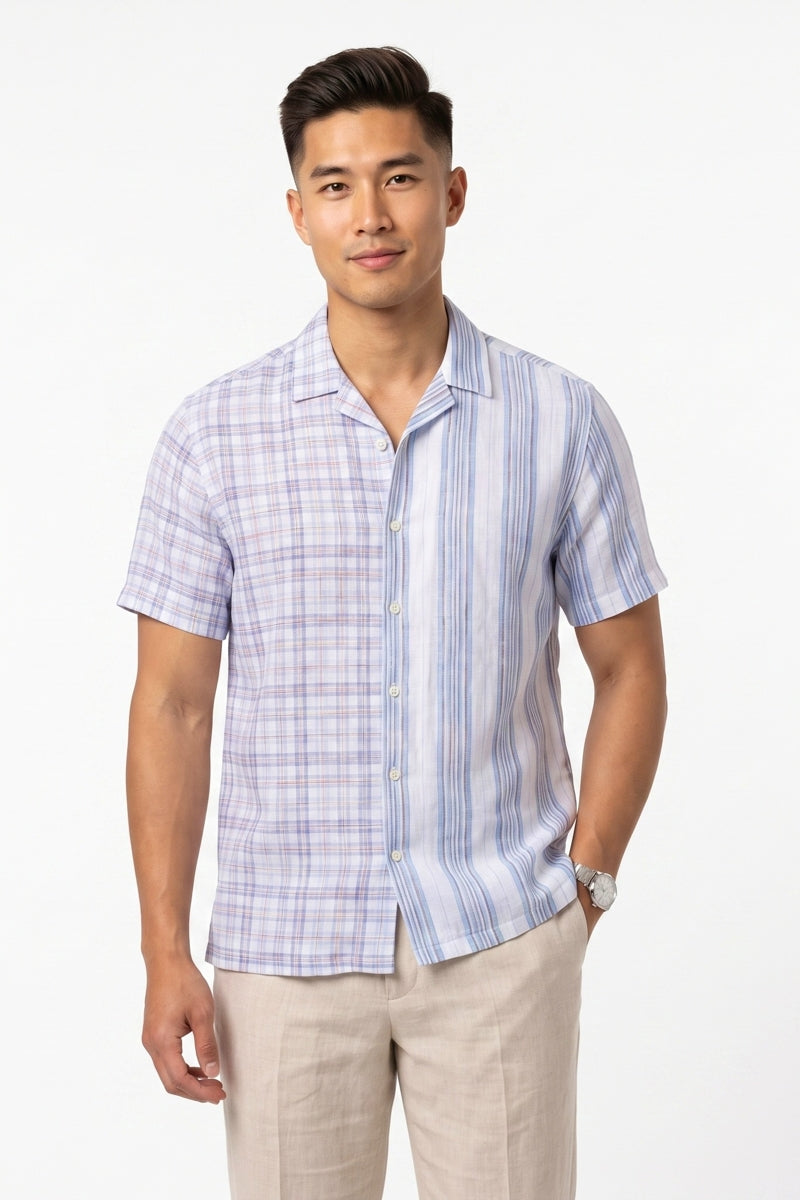 Brand Partner,Stitch Note, Stitch Note White/Blue Half Plaid Half Stripe European Linen Split Body Shirt, White, Small-40-TagSMedium-42-TagMMedium-44-TagLLarge-46-TagXLExtra Large-48-TagXXL