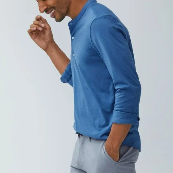 Wholesale,Ministry of Supply, Ministry of Supply Moisture Wicking Blue Long Sleeve Henley, Blue, Small-40-TagSMedium-42-TagM