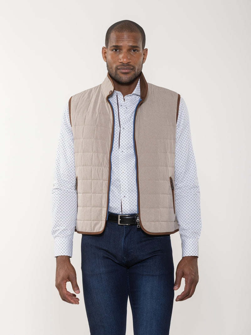 Wholesale,Luchiano Visconti, Luchiano Visconti Beige with Brown Contrast Quilted Vest, Tan, Small-40-TagSMedium-42-TagMLarge-44-TagLExtra Large-46-TagXLExtra Extra Large-48-TagXXL