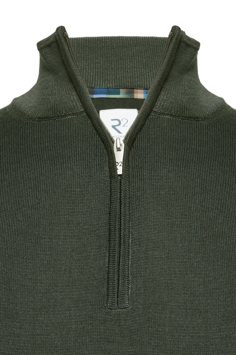 Direct From Brand,R2 Amsterdam, R2 Amsterdam Dark Green 100% Merino Wool Zip Pullover, Green, Medium-41-TagM